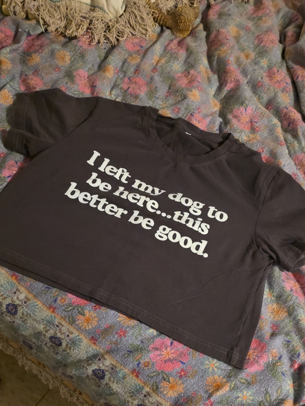Black Graphic Crop Top with White Slogan